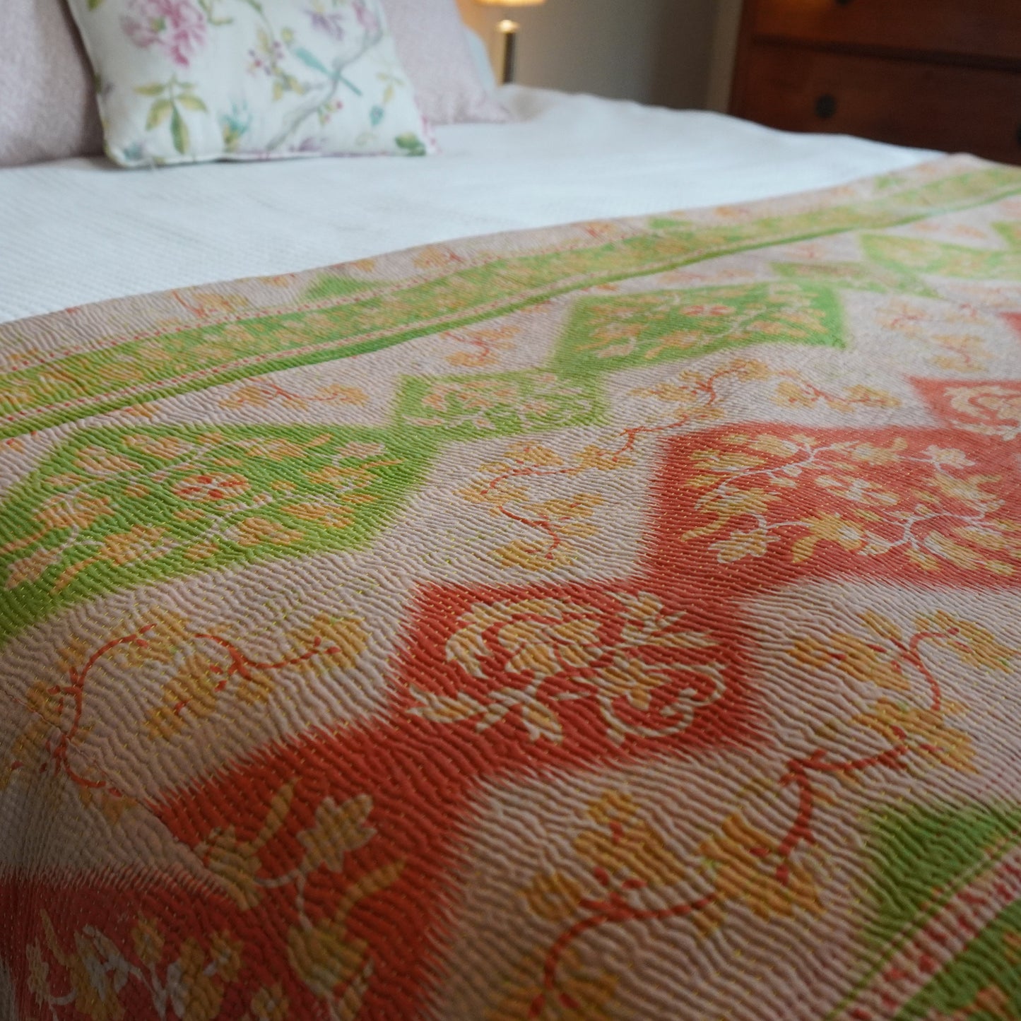IK1013: Hand-Crafted Vintage Kantha Quilt – Vibrant Stripes & Midnight Botanicals