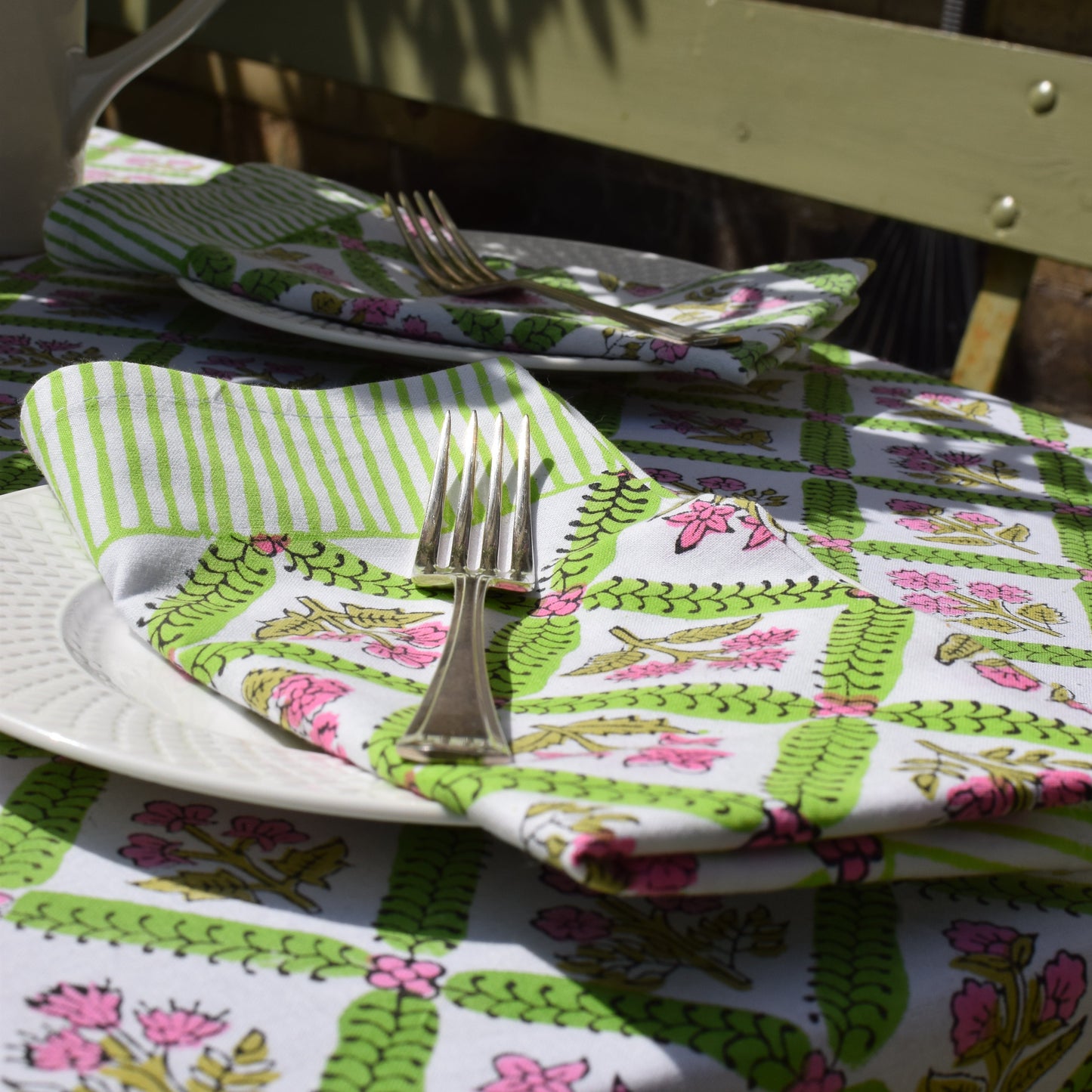 Maisy Daisy Hand Block-Printed Cotton Napkins – Pink & Apple Green