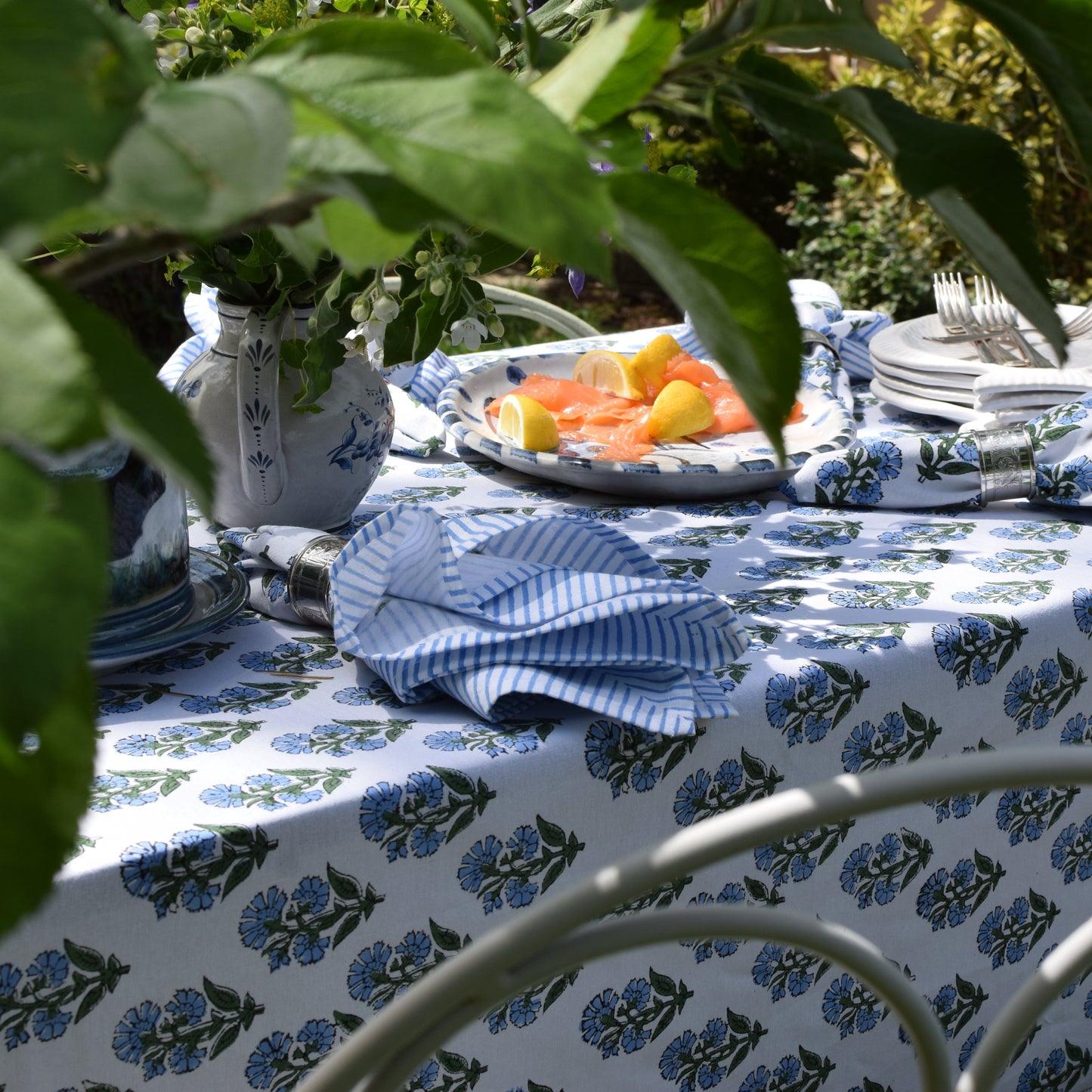 Forget-Me-Not Blue Hand Block-Printed Cotton Tablecloth – Blue & White