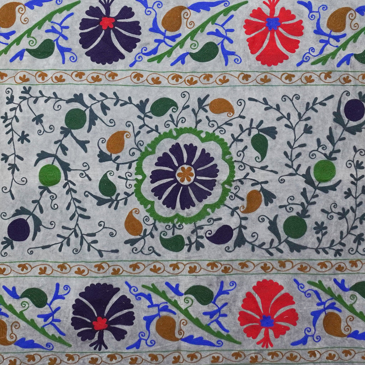 Hand-Embroidered Velvet Suzani – Dreamy Grey Botanical close-up detail showing a central navy daisy medallion with a green scalloped surround, flanked by scrolling dark botanical vines, green circular buds and amber paisley motifs on a pale grey velvet ground, with a border of bold navy and red carnation blooms with blue foliate stems visible at the top and lower edges
