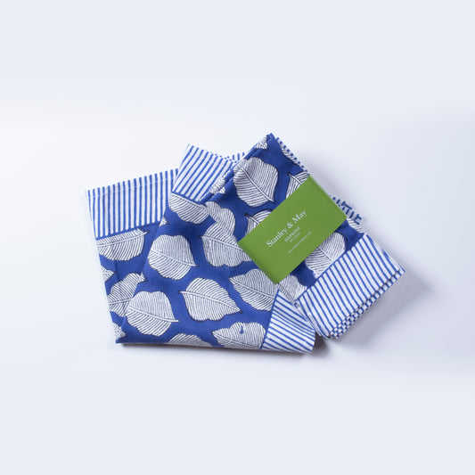 Bold Leaf Hand Block-Printed Cotton Napkins – Deep Blue & White