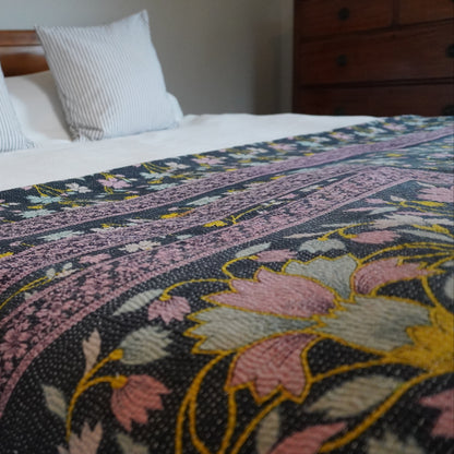 IK1002: Hand-Crafted Vintage Kantha Quilt – Burgundy & Citrus Showstopper