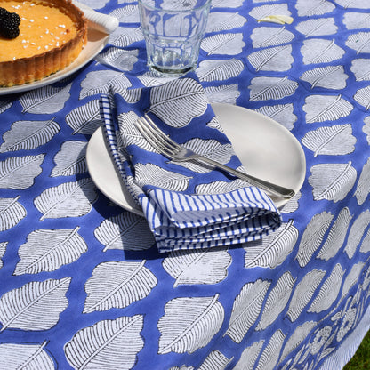 Bold Leaf Hand Block-Printed Cotton Tablecloth – Deep Blue & White