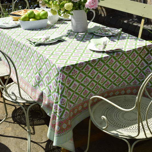 Maisy Daisy Hand Block-Printed Cotton Tablecloth – Pink & Apple Green