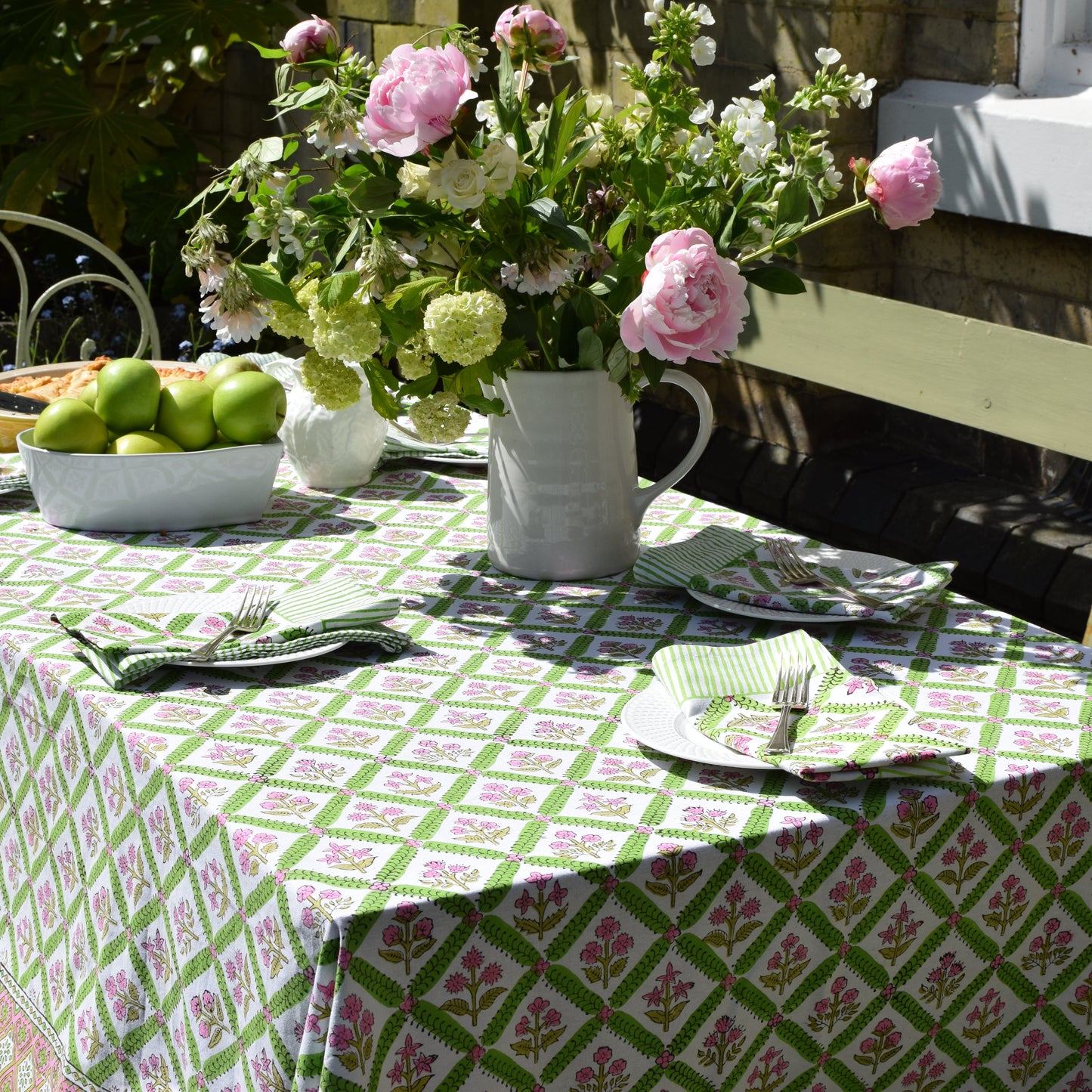 Maisy Daisy Hand Block-Printed Cotton Tablecloth – Pink & Apple Green