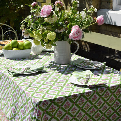 Maisy Daisy Hand Block-Printed Cotton Tablecloth – Pink & Apple Green