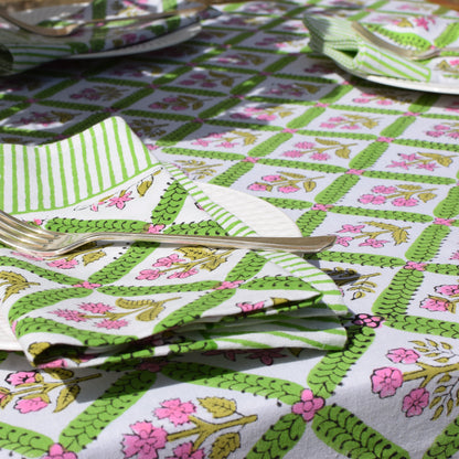 Maisy Daisy Hand Block-Printed Cotton Tablecloth – Pink & Apple Green