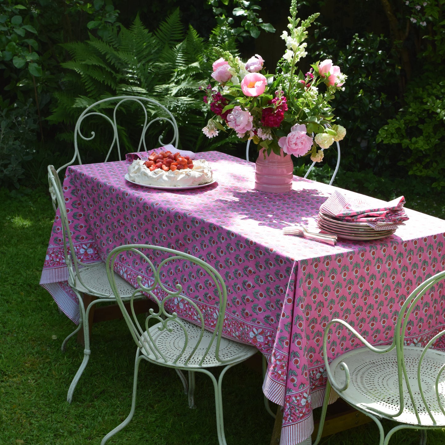 Poppet in Pink Hand Block-Printed Cotton Tablecloth – Pink & Red