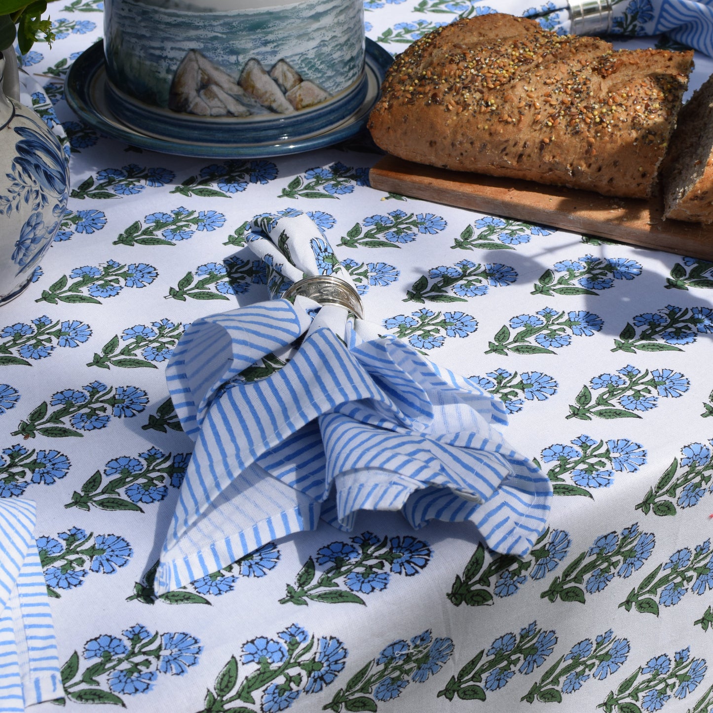 Forget-Me-Not Blue Hand Block-Printed Cotton Napkins – Blue & White