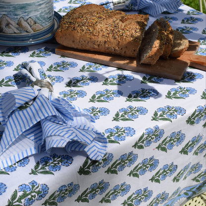 Forget-Me-Not Blue Hand Block-Printed Cotton Tablecloth – Blue & White