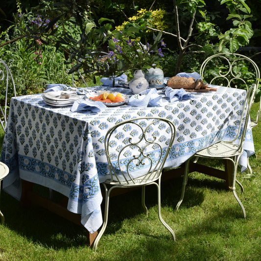 Forget-Me-Not Blue Hand Block-Printed Cotton Tablecloth – Blue & White