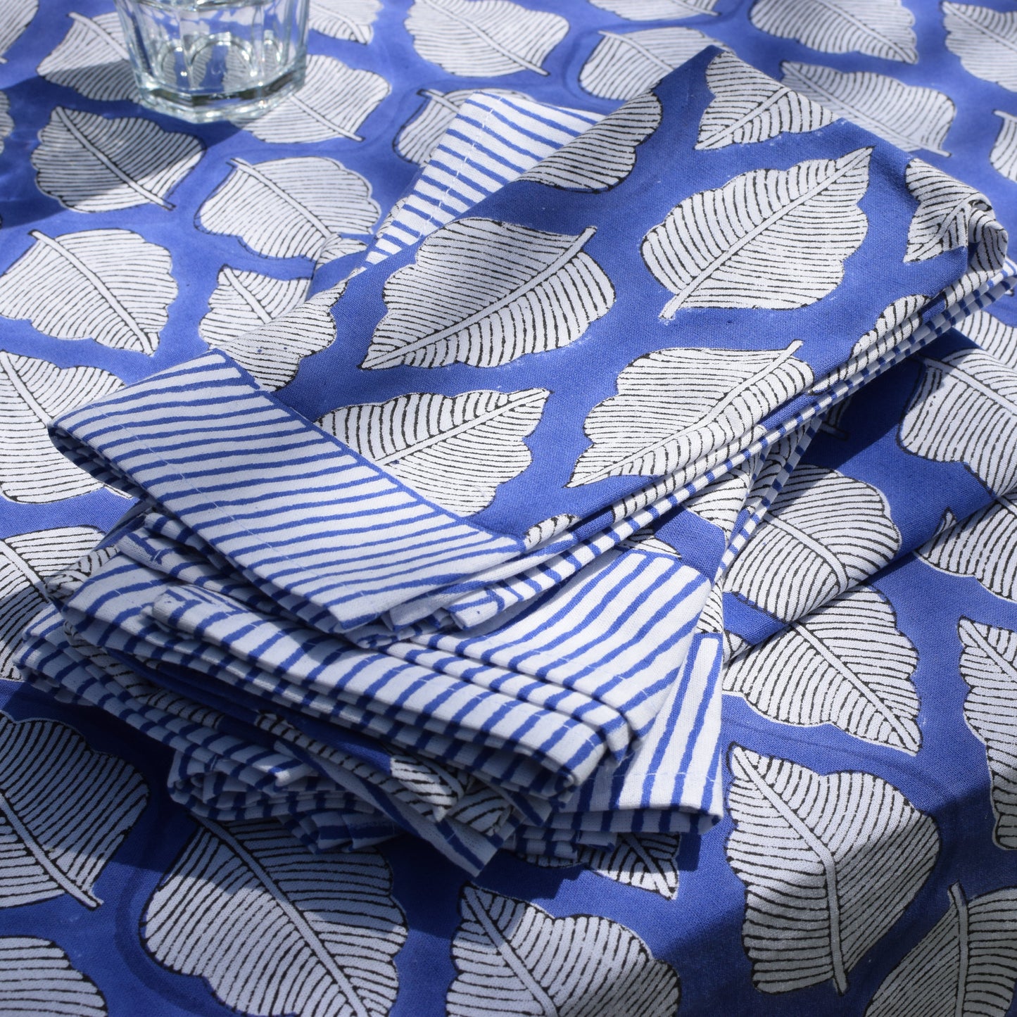 Bold Leaf Hand Block-Printed Cotton Napkins – Deep Blue & White
