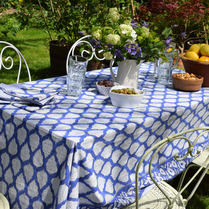 Bold Leaf Hand Block-Printed Cotton Tablecloth – Deep Blue & White