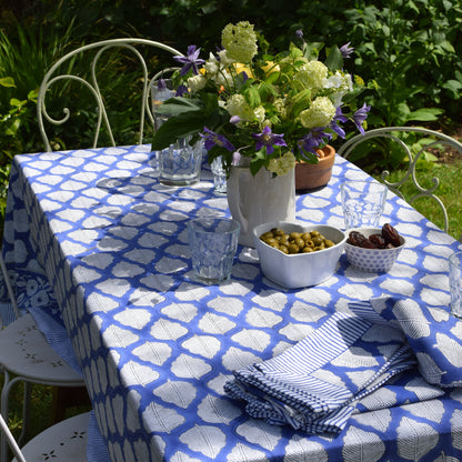 Bold Leaf Hand Block-Printed Cotton Tablecloth – Deep Blue & White