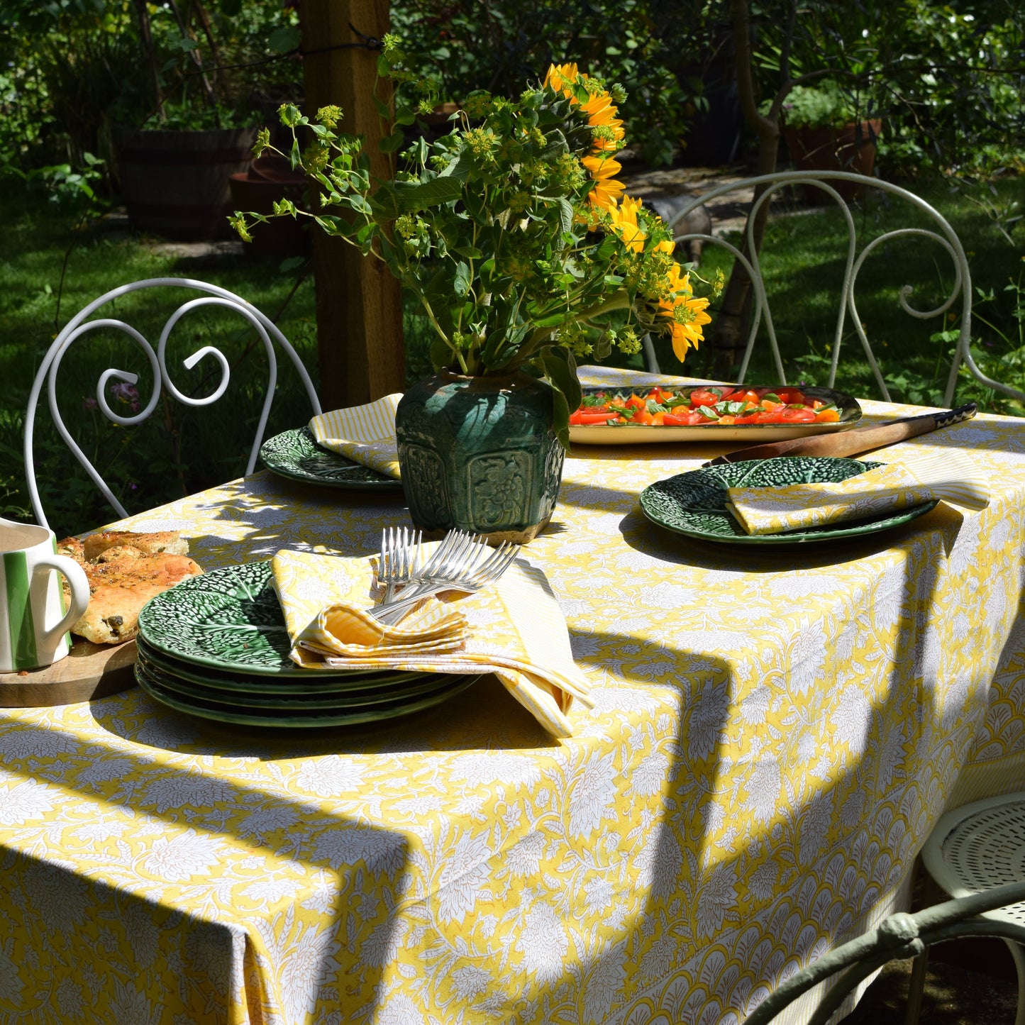 Sunshine Dahlia Hand Block-Printed Cotton Tablecloth – Yellow