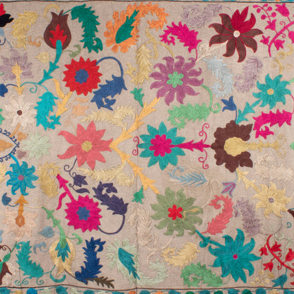 Vintage Hand Embroidered Linen Suzani – Whimsical Floral Triumph close-up detail showing exuberant all-over hand embroidery with large scattered floral blooms in red, pink, coral, teal, magenta, purple and brown, alongside tulip buds, leafy botanical stems and swirling vines in blue, green, teal and gold, on a warm vintage linen ground
