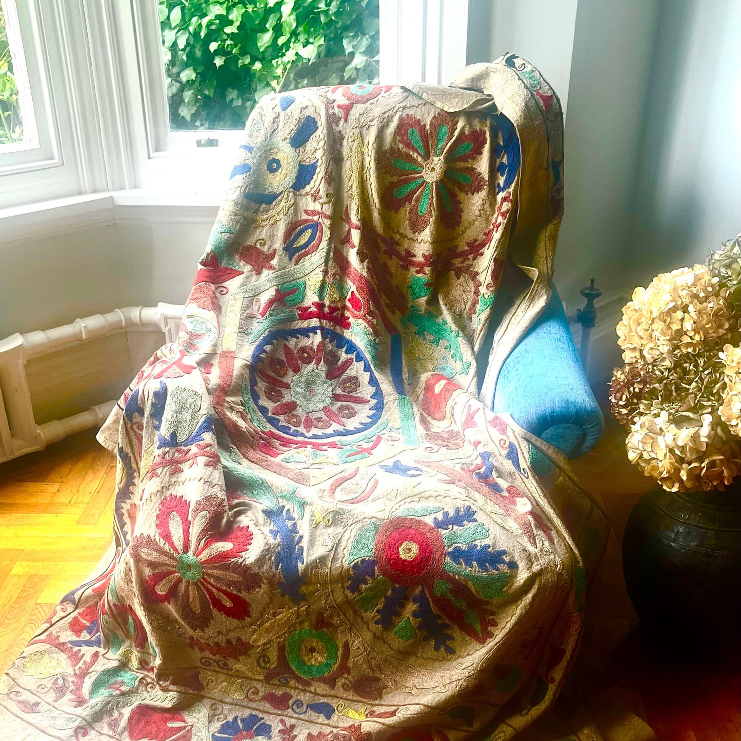 Vintage Hand Embroidered Linen Suzani - Floral Fantasy