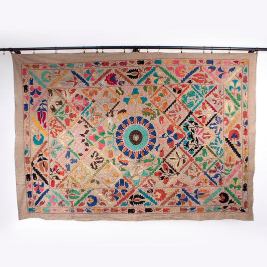 Vintage Hand Embroidered Linen Suzani - Natural Form