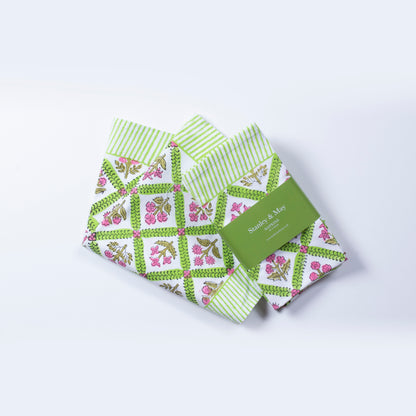 Maisy Daisy Hand Block-Printed Cotton Napkins – Pink & Apple Green