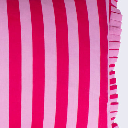 Hand Block Print Striped Frilled Cushion with Feather Insert – Baby Pink & Cerise close-up detail showing bold vertical cerise and baby pink candy stripe hand block print on cotton with the matching cerise and baby pink pleated knife-pleat frill edge