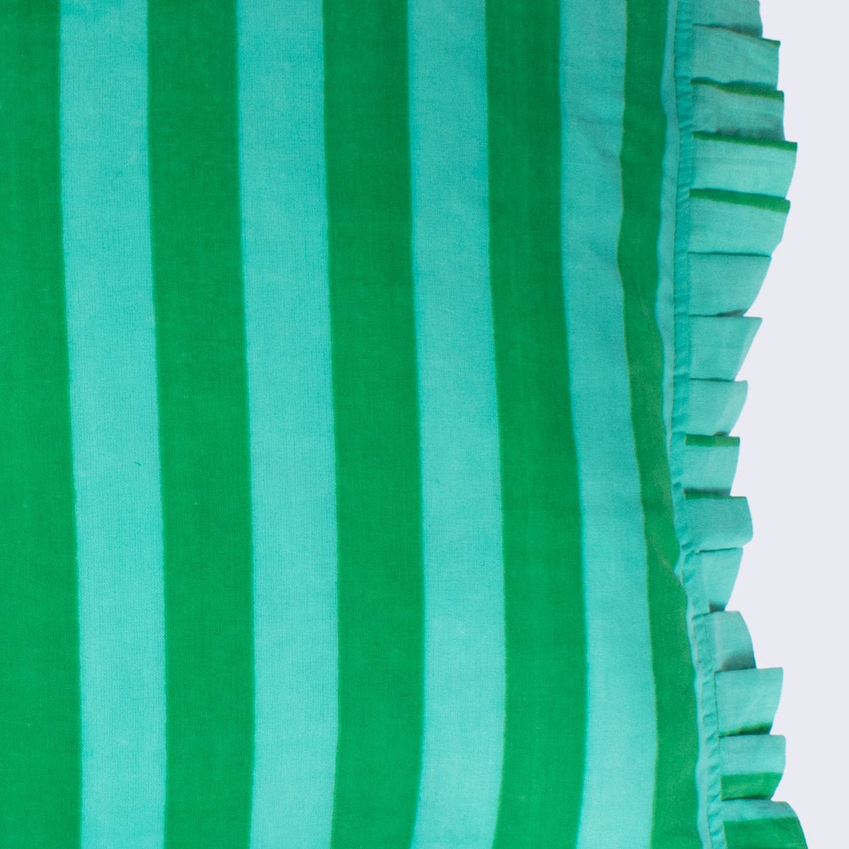 Hand Block Print Striped Frilled Cushion with Feather Insert – Green & Mint close-up detail showing bold vertical emerald green and soft mint stripe hand block print on cotton with the matching mint green pleated frill edge