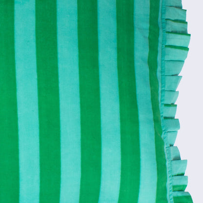 Hand Block Print Striped Frilled Cushion with Feather Insert – Green & Mint close-up detail showing bold vertical emerald green and soft mint stripe hand block print on cotton with the matching mint green pleated frill edge
