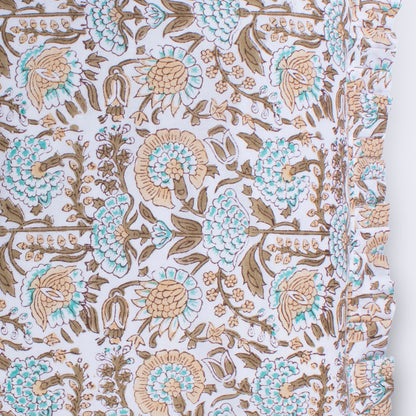 Hand Block Print Floral Cushion with Floral Frill & Feather Insert – Khaki, Aqua & Olive close-up detail showing the intricate hand block printed aqua hydrangea, golden khaki dahlia and olive botanical leaf motifs on white cotton with the matching floral pleated frill edge