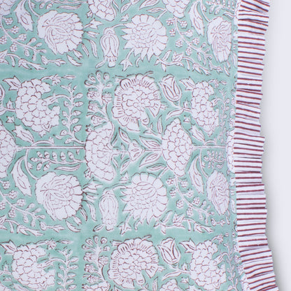 Hand Block Print Floral Cushion with Stripe Frill & Feather Insert – Eau de Nil & Aubergine close-up detail showing the intricate hand block printed blush white peony, dahlia and leaf motifs on soft eau de nil cotton with the aubergine and white candy stripe pleated frill edge