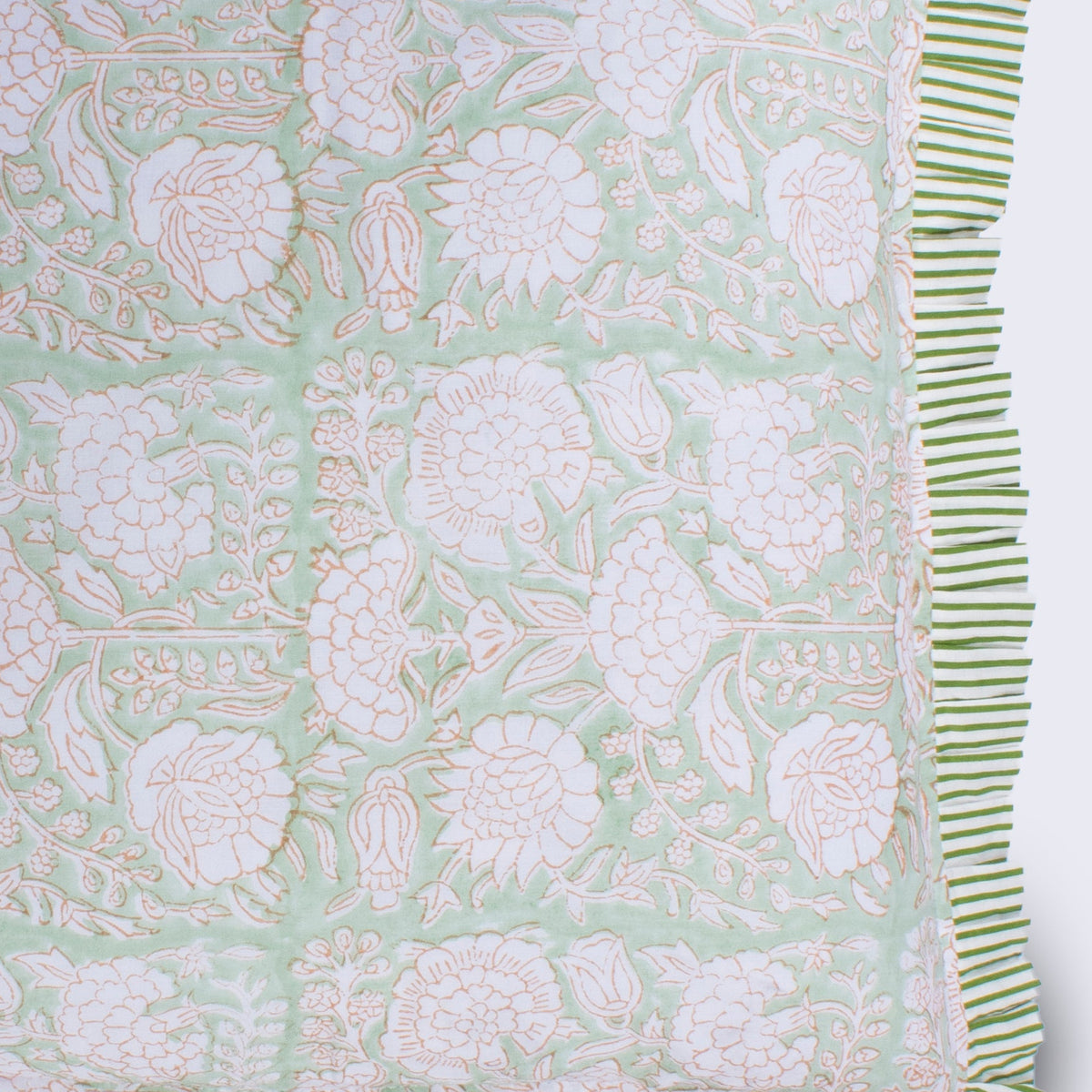 Hand Block Print Floral Cushion with Stripe Frill & Feather Insert – Muted Floral & Fauna close-up detail showing the intricate hand block printed blush white peony and botanical motifs on faded mint green cotton with the green and white candy stripe pleated frill edge