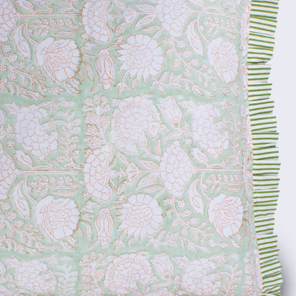 Hand Block Print Floral Cushion with Stripe Frill & Feather Insert – Muted Floral & Fauna close-up detail showing the intricate hand block printed blush white peony and botanical motifs on faded mint green cotton with the green and white candy stripe pleated frill edge