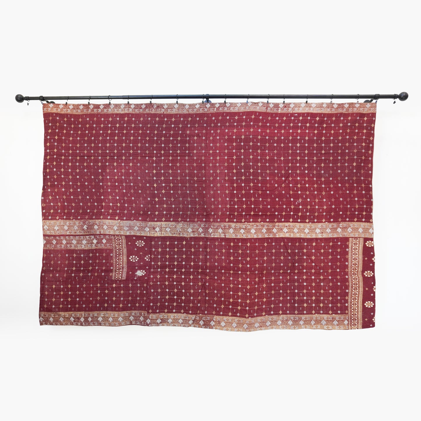 IK1002: Hand-Crafted Vintage Kantha Quilt – Burgundy & Citrus Showstopper