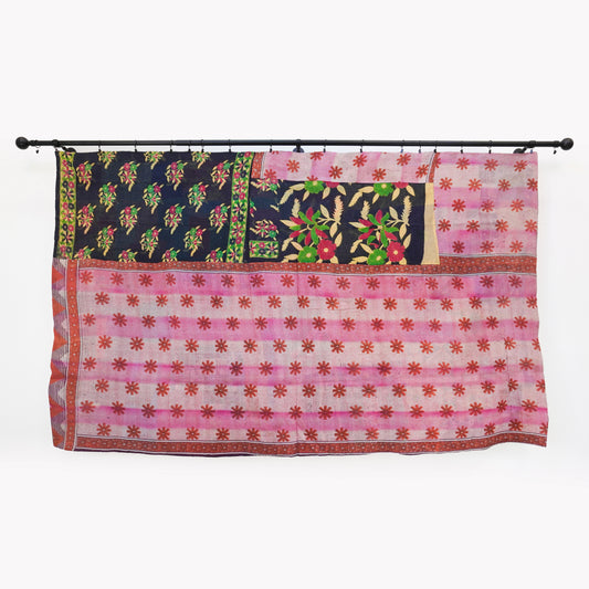 IK1013: Hand-Crafted Vintage Kantha Quilt – Vibrant Stripes & Midnight Botanicals