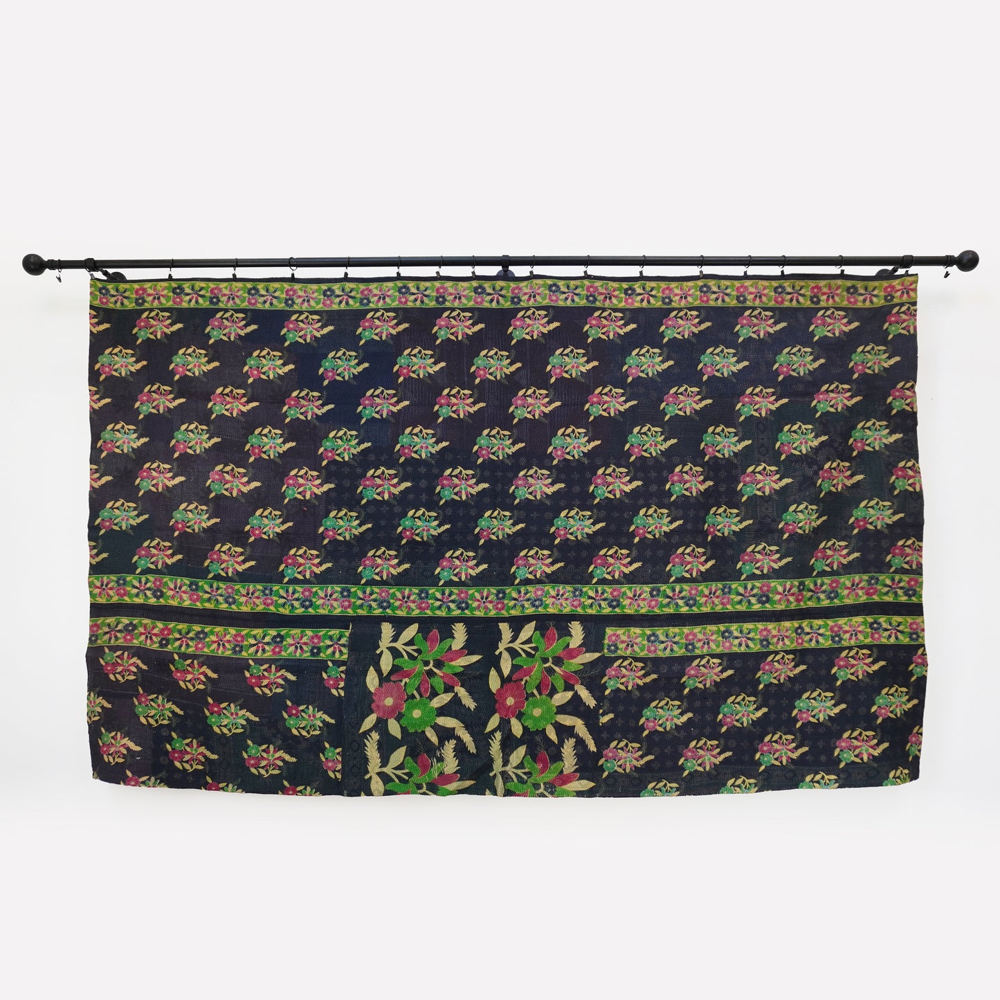 IK1013: Hand-Crafted Vintage Kantha Quilt – Vibrant Stripes & Midnight Botanicals