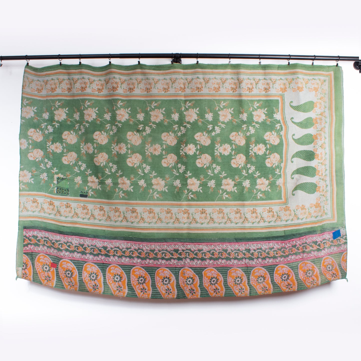 Handcrafted Vintage Kantha Quilt – Faded Floral with Paisley Pop