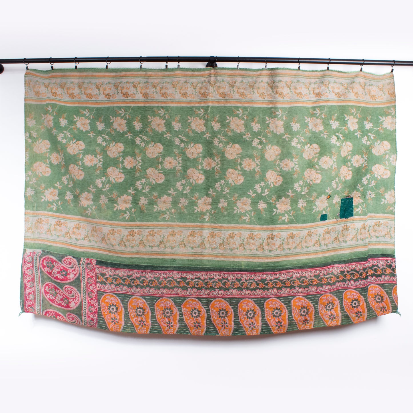 Handcrafted Vintage Kantha Quilt – Faded Floral with Paisley Pop