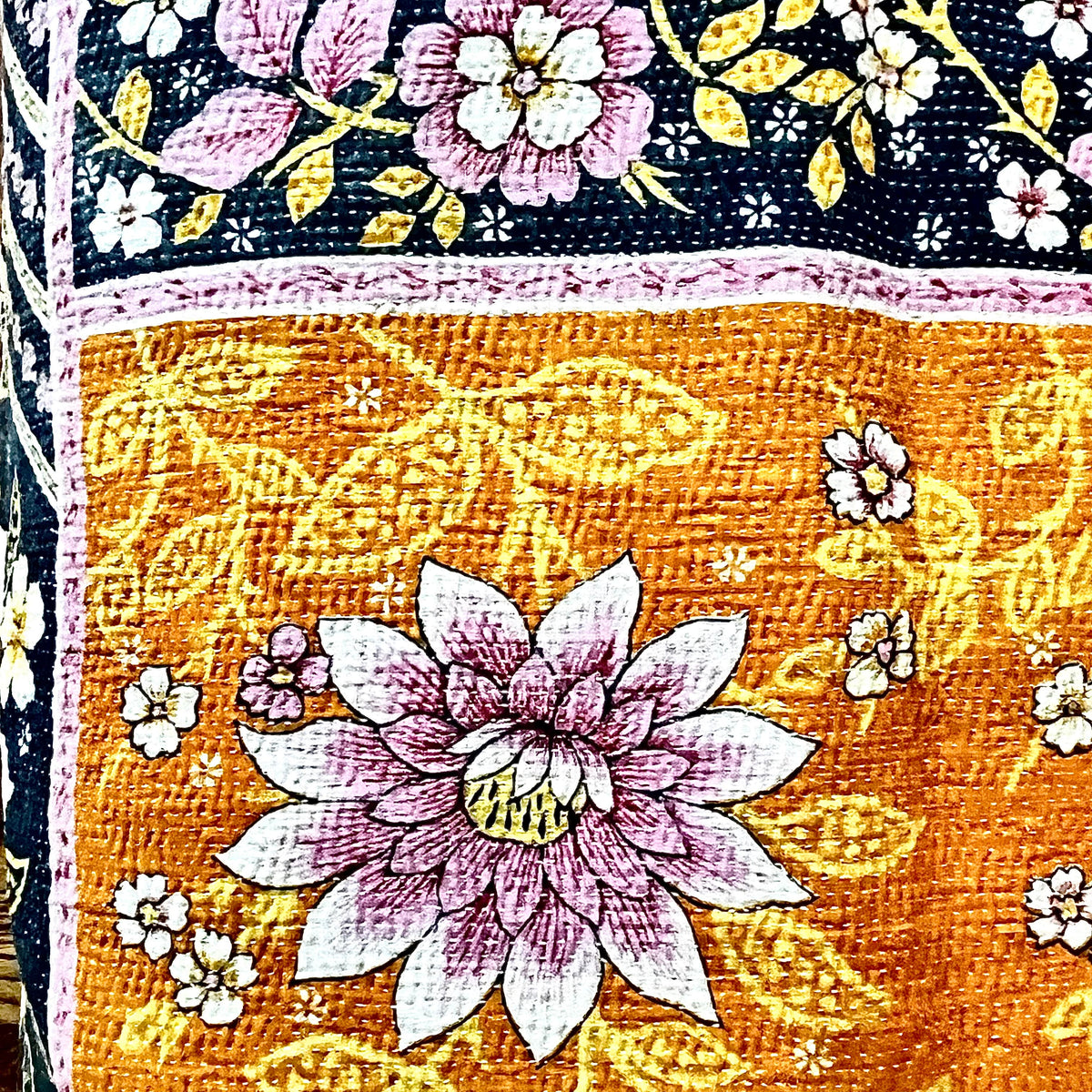Handcrafted Vintage Kantha Quilt – In Full Bloom zoom detail of vibrant pink dahlia and vintage Kantha stitching