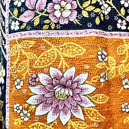 Handcrafted Vintage Kantha Quilt – In Full Bloom zoom detail of vibrant pink dahlia and vintage Kantha stitching