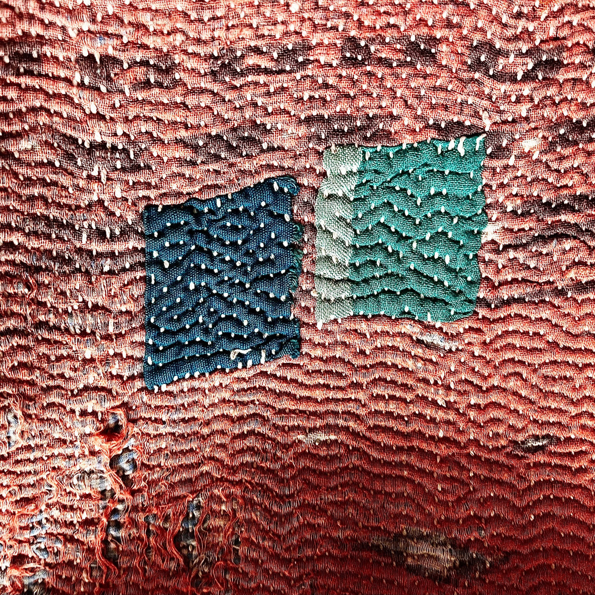 Handcrafted Vintage Kantha Quilt – Personality Patch zoom detail of primrose and pistachio Kantha stitching