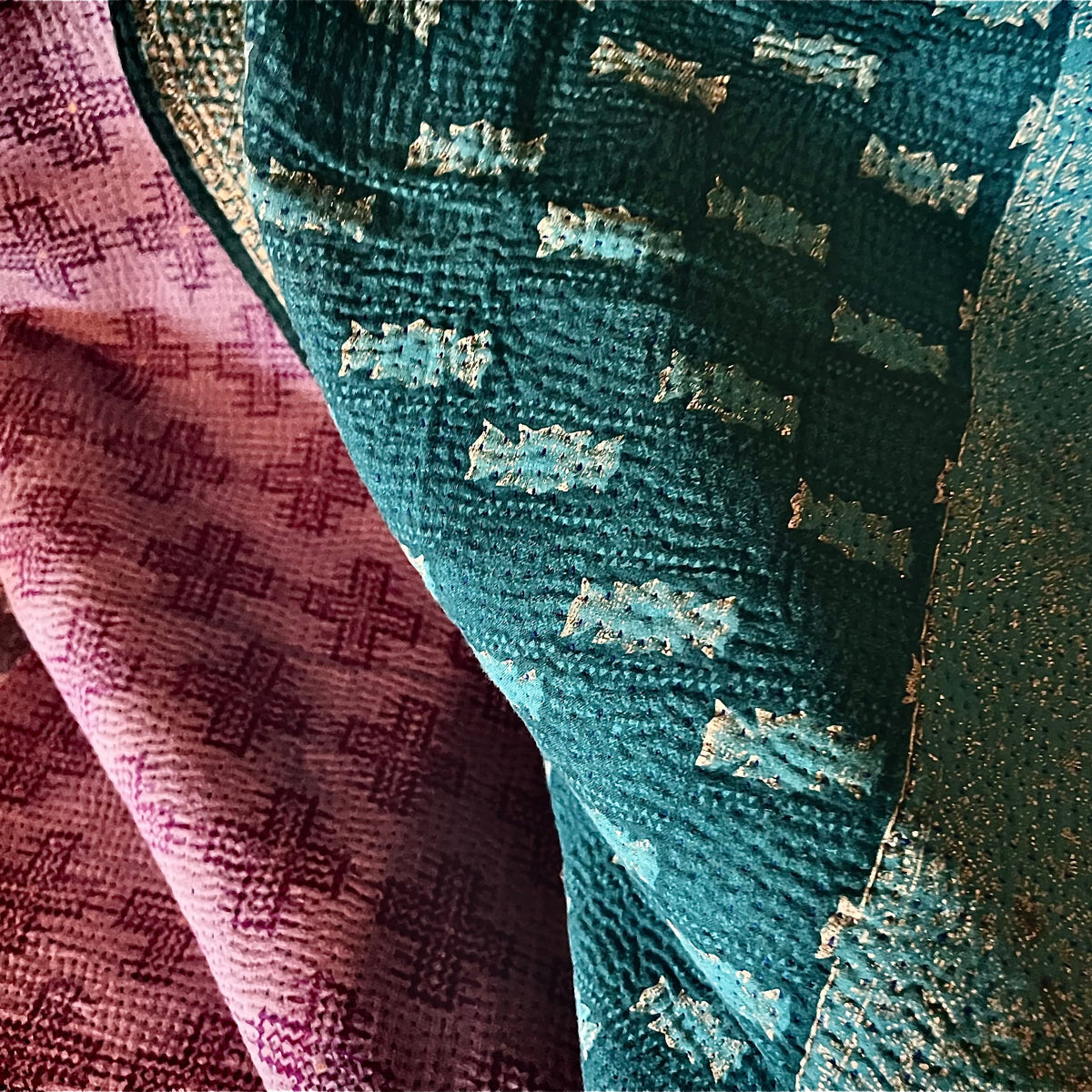 Handcrafted Vintage Kantha Quilt – Purple Aqua Ocean Haze flat lay showing calming aqua and ocean blue reverse side with enchanting heart motif border