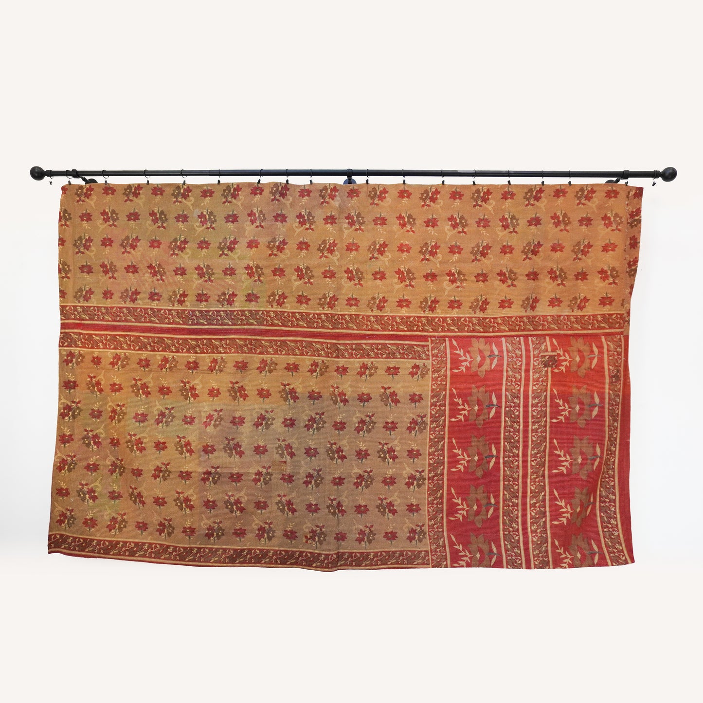 IK1003: Hand-Crafted Vintage Kantha Quilt – Earthy Floral & Stripe