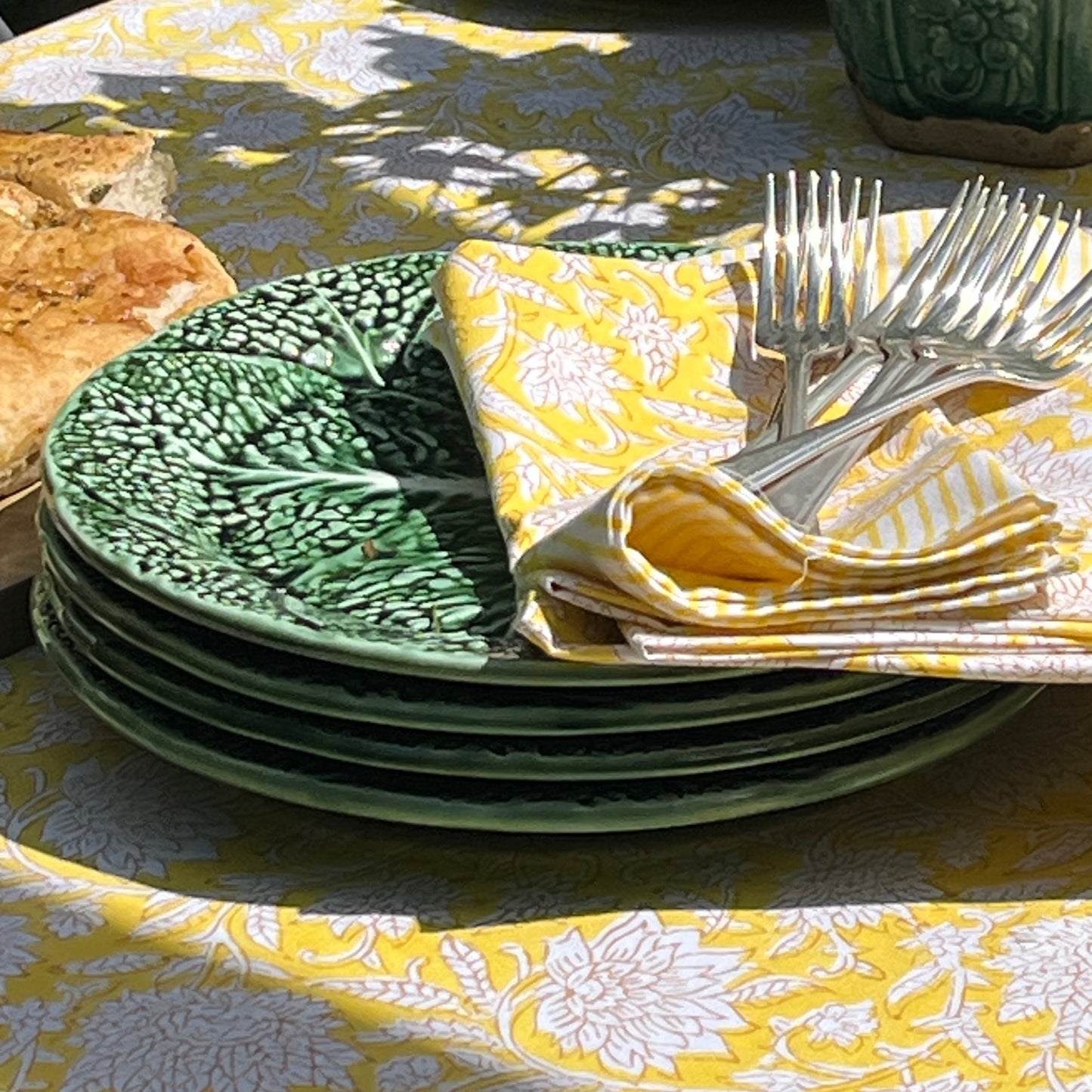Sunshine Dahlia Hand Block-Printed Cotton Tablecloth – Yellow