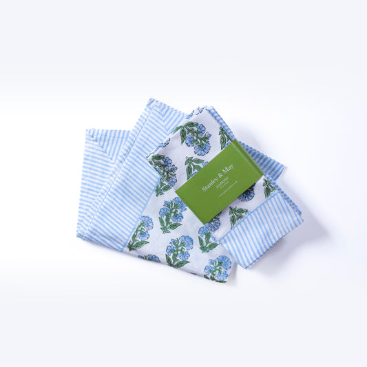 Forget-Me-Not Blue Hand Block-Printed Cotton Napkins – Blue & White