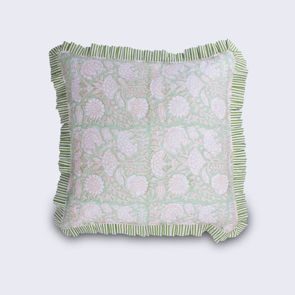Hand Block Print Floral Cushion with Stripe Frill & Feather Insert – Muted Floral & Fauna flat product shot on light grey background showing the full cushion with soft faded mint green ground, all-over muted blush floral and fauna block print and green and white candy stripe pleated frill