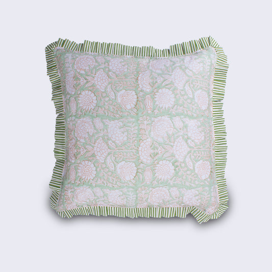 Faded Grandeur Floral & Fauna Frilled Cushion | Handmade Indian Block Print Cushion