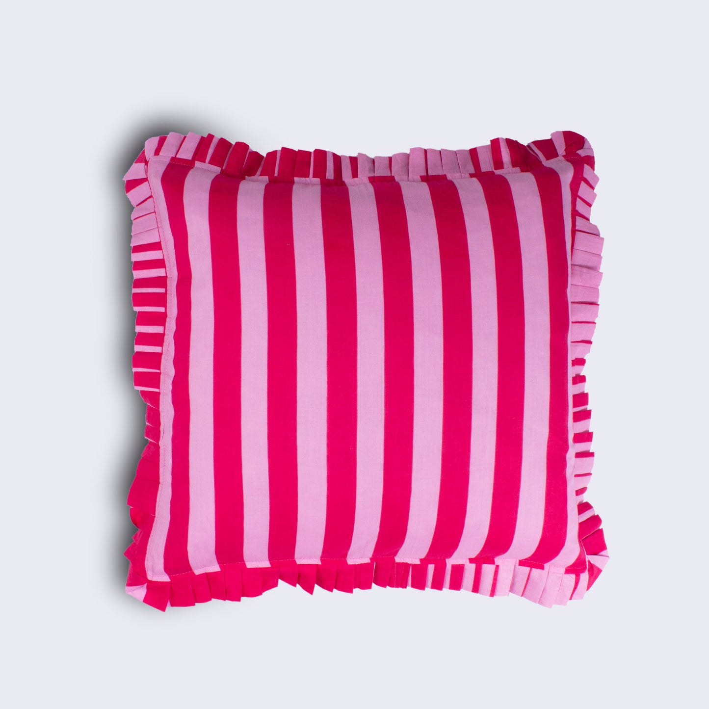 Candy Floss-Baby Pink & Cerise Striped Frilled Cushion | Handmade Indian Block Print Cushion