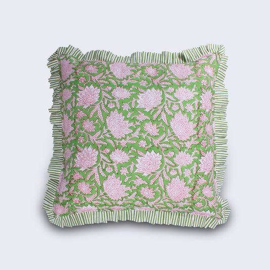 Secret Garden Green & Pink Floral Frilled Cushion | Handmade Indian Block Print Cushion