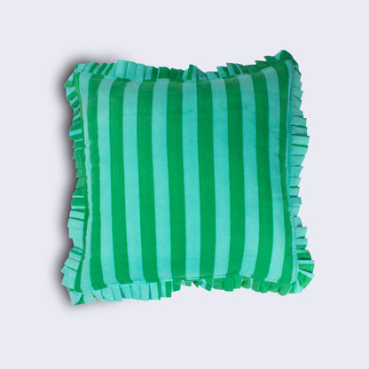 Hand Block Print Striped Frilled Cushion with Feather Insert – Green & Mint flat product shot on light grey background showing the full cushion with bold vertical emerald green and soft mint stripe block print on 100% cotton with matching green and mint pleated frill