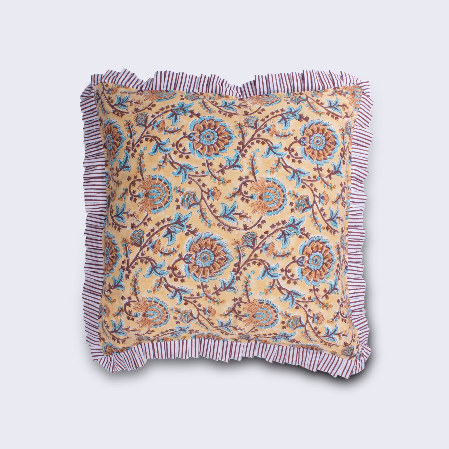 Turmeric & Tobacco Floral Frilled Cushion | Handmade Indian Block Print Cushion