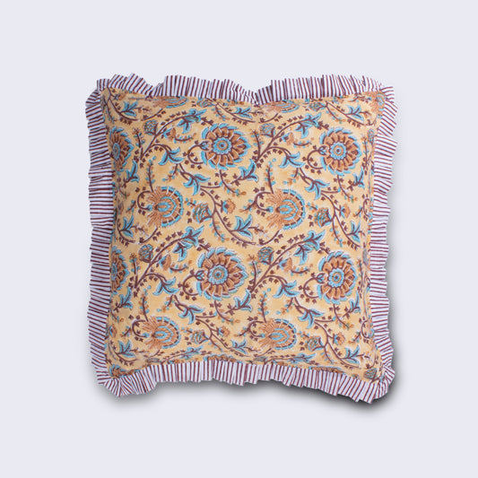 Turmeric & Tobacco Floral Frilled Cushion | Handmade Indian Block Print Cushion