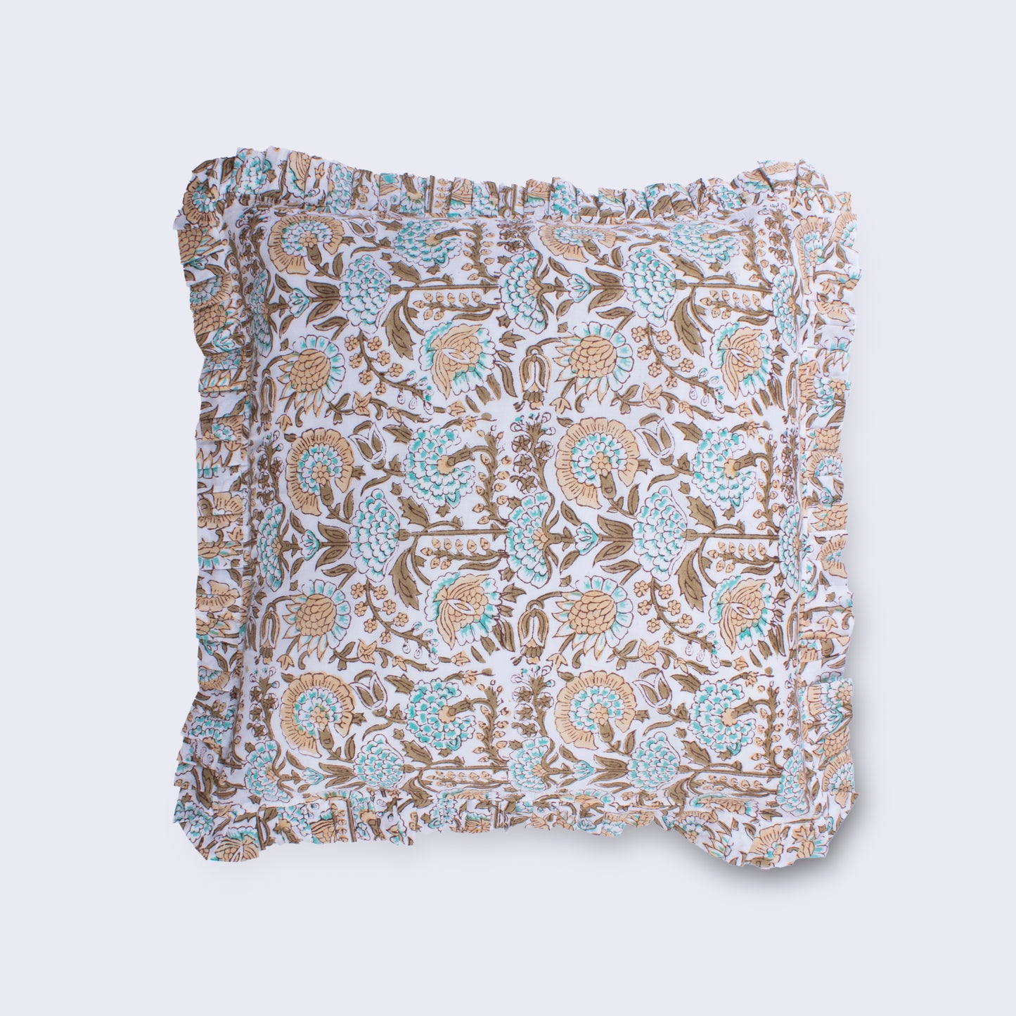 Quiet Authority Khaki, Aqua & Olive Floral Frilled Cushion | Handmade Indian Block Print Cushion